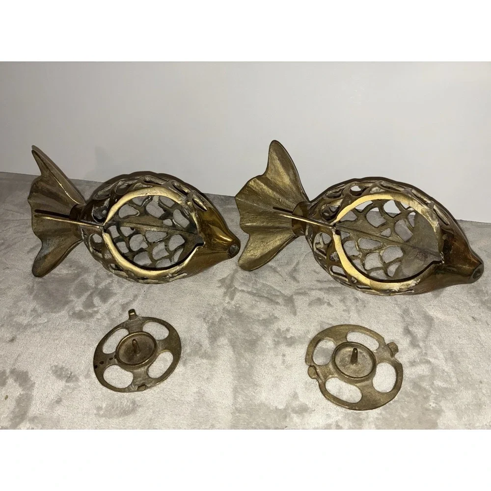 Vintage Rosenthal-Netter Brass Open Scale Hanging Koi Fish Lantern Set (2)‎